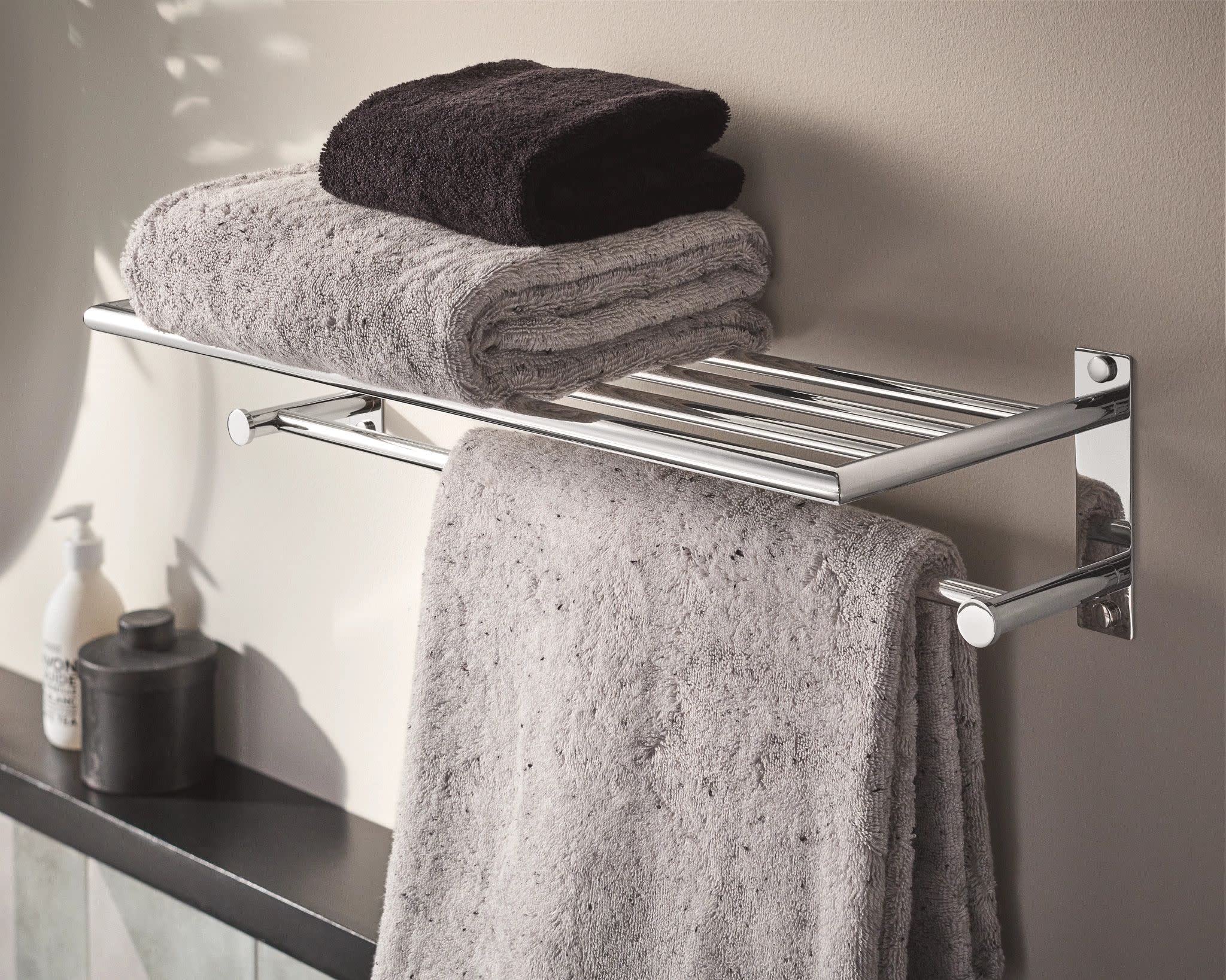 Moen Y5794Ch 24-Inch Wide Modern Bathroom Hotel-Style Towel Storage Shelf With Towel Bar, Chrome